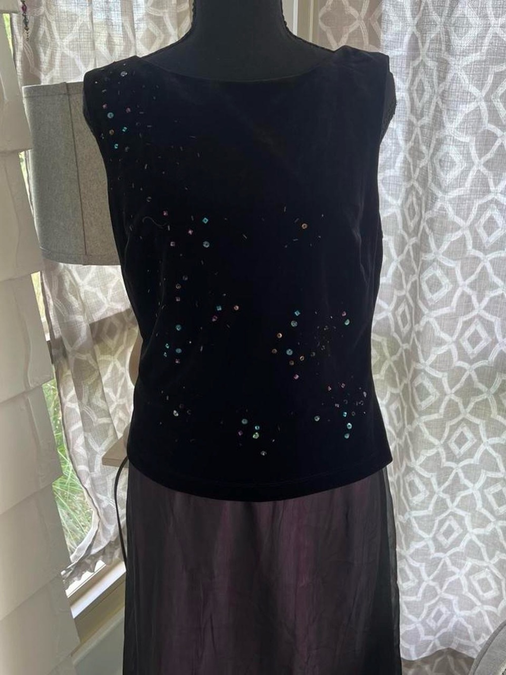 Vintage Black Velvet and Iridescent Sequin Beaded 80s Maxi Dress